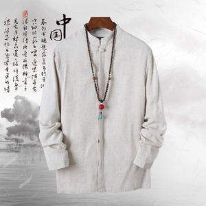 T90* 古风长袖衬衫立领禅服居仕服风盘扣棉麻衬衫男  *P55图片