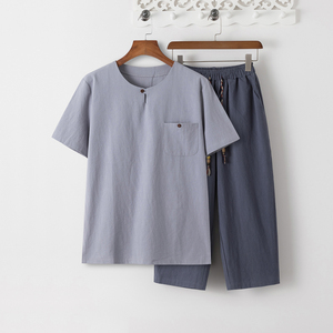 8086* 夏季风唐装禅服棉麻短袖古风透气T恤套装男居仕服 *P55图片