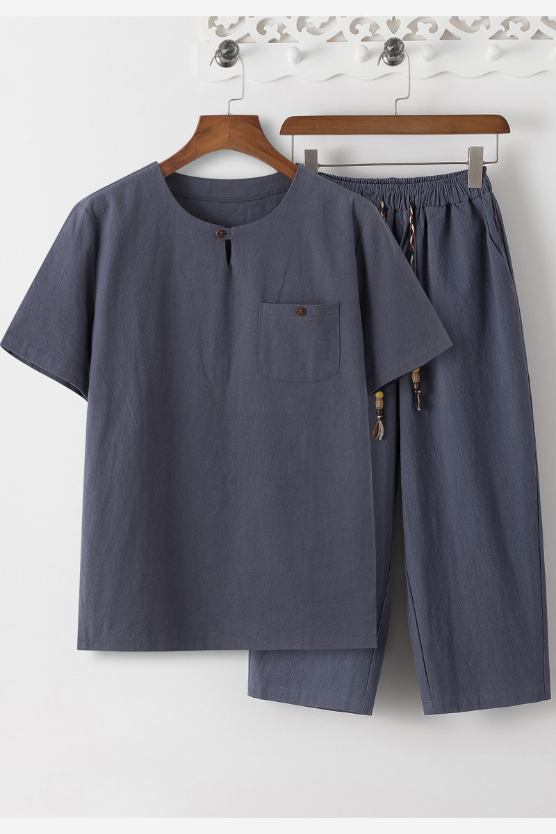 8086*夏季风唐装禅服棉麻短袖古风透气T恤套装男居仕服*P55,男装T恤,星座1516（原B303）