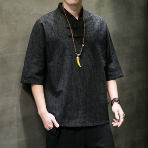 T910* 风落肩中袖暗纹提花古风居仕服复古茶服T恤男禅服 *P55图片