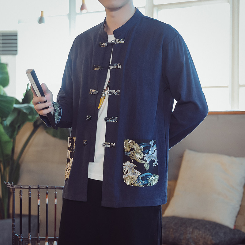 T78* 2021春风棉麻龙纹绣花唐装麻料男士长袖衬衫 藏青 *图片