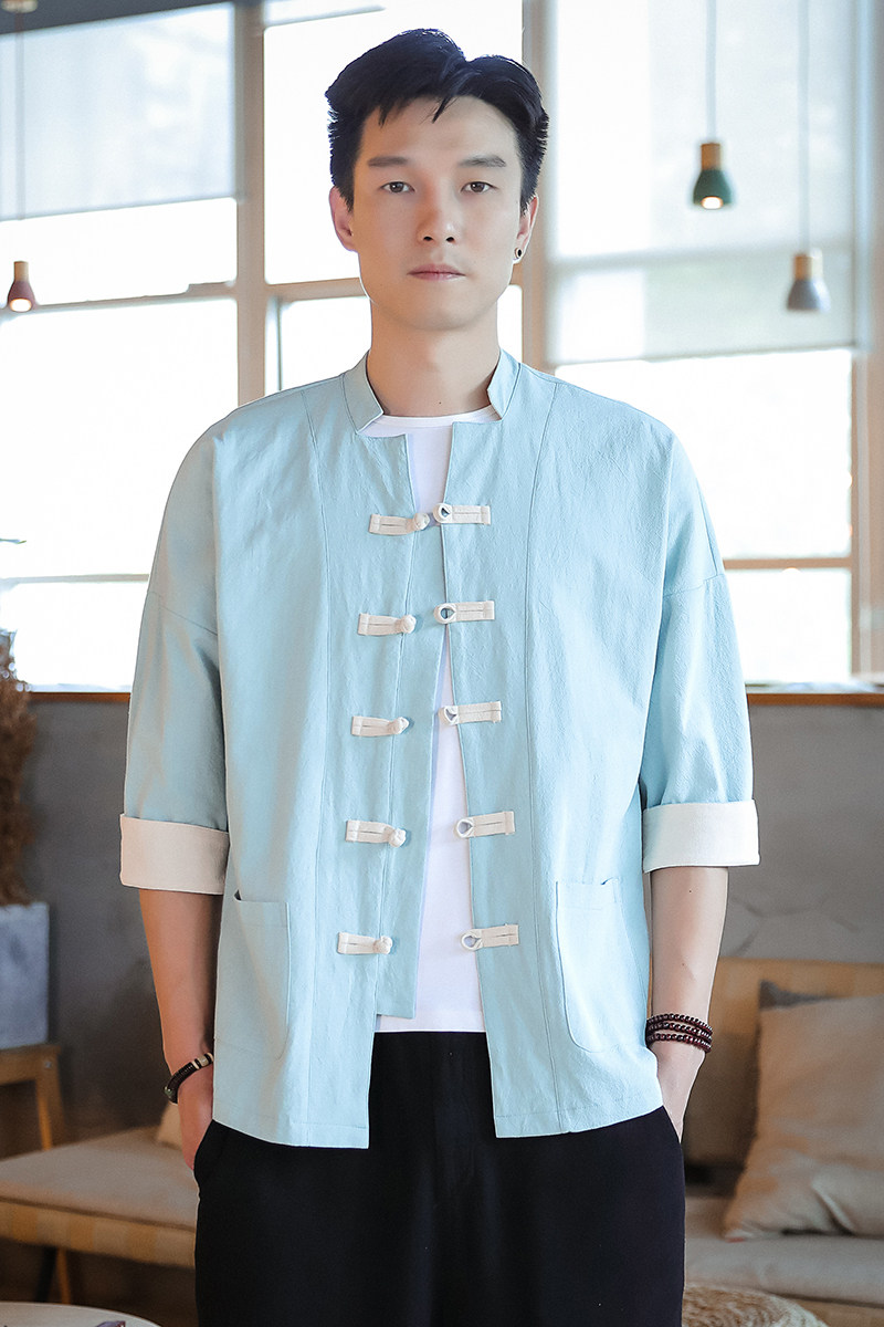 T915*古风盘扣撞色唐装茶服中袖衬衫居仕服纯色禅服*P55,男装衬衫,星座1516（原B303）