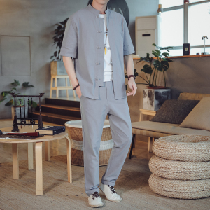 DY30*风男士盘扣短袖衬衫两件套复古爸爸服浅灰色*,藏青短袖搭配夏季图片