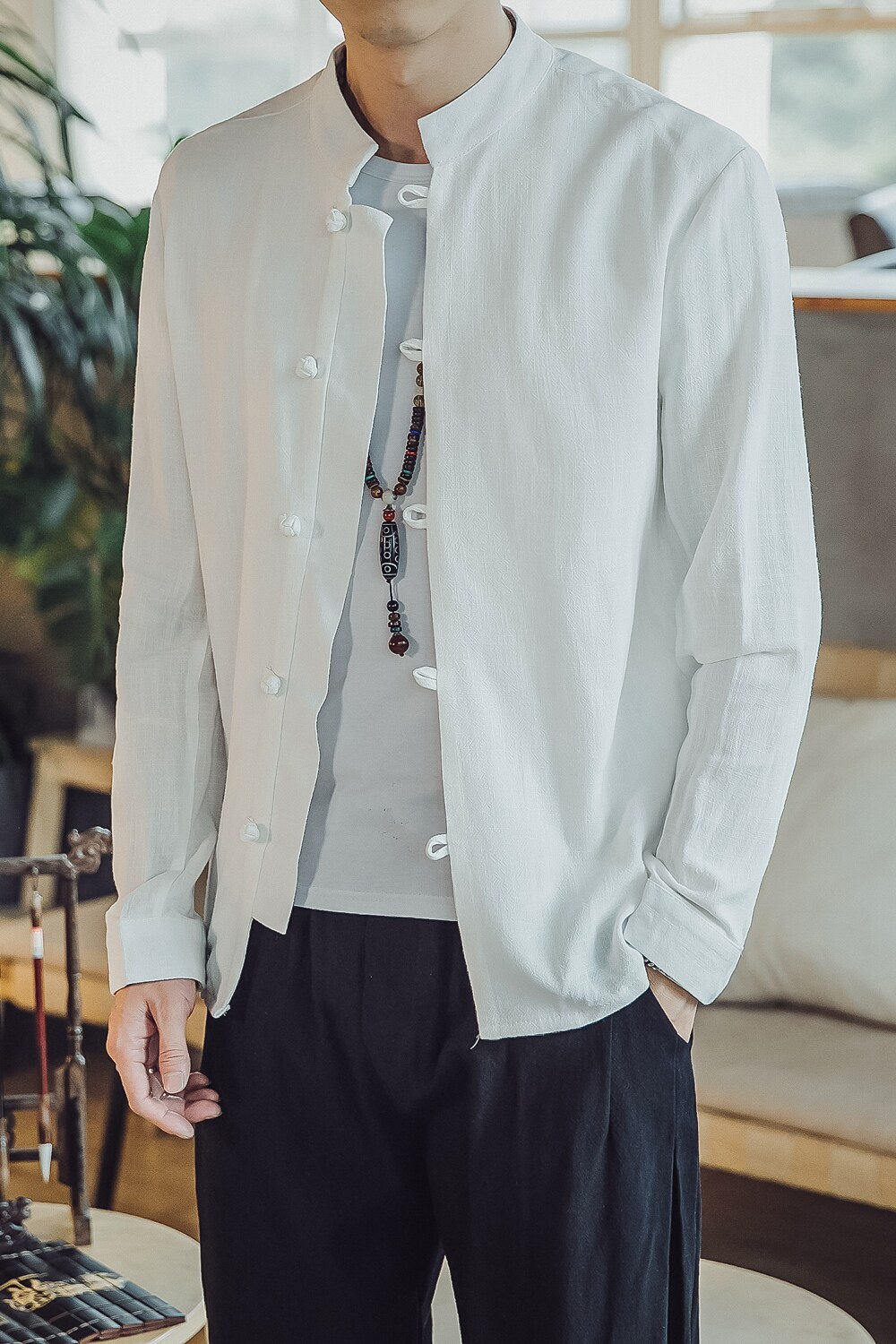 T92*风古风棉麻男麻料长袖盘扣立领衬衫居仕服汉服*P55,男装衬衫,星座1516（原B303）