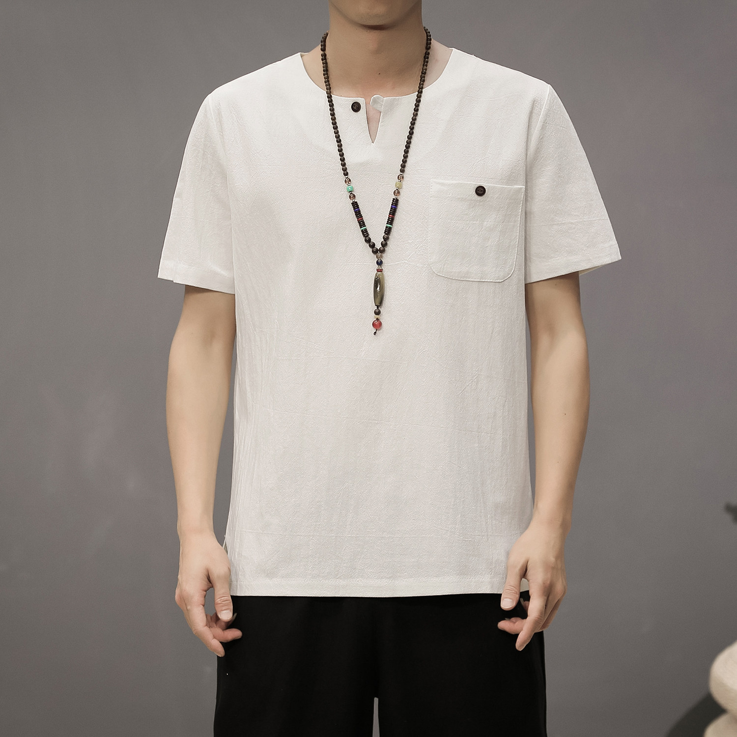 T80*夏季风唐装禅服棉麻短袖古风透气T恤男居仕服*P25,男装T恤,星座1516（原B303）