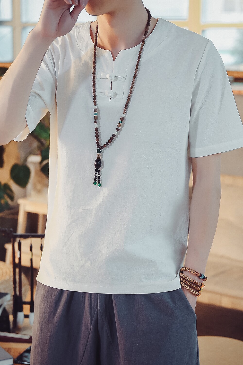 T98*夏季风棉麻短袖古风禅服居仕服盘扣茶服男T恤*P25,男装T恤,星座1516（原B303）