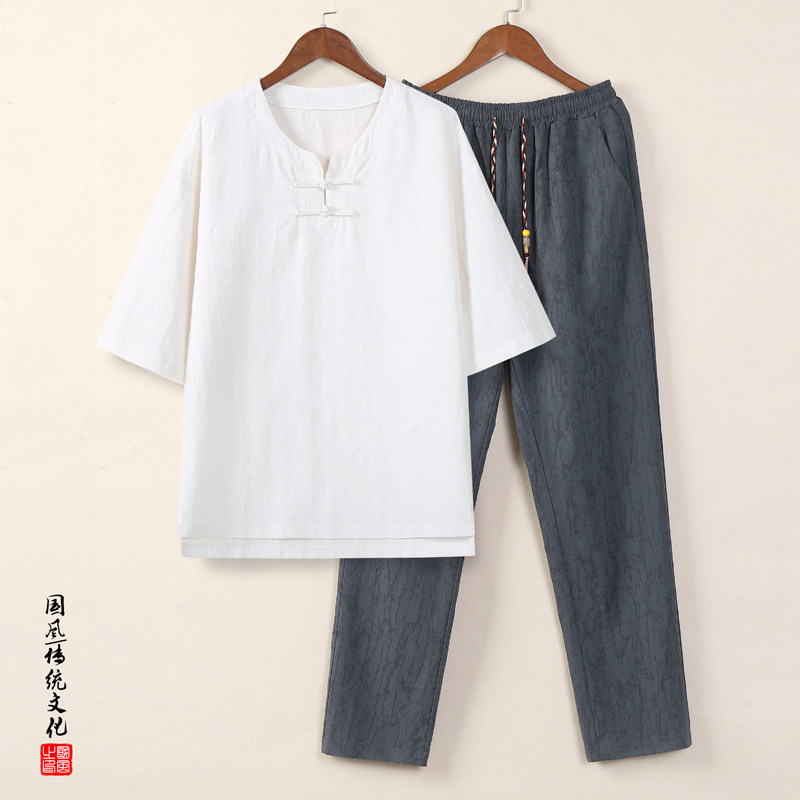91858*风中袖暗纹提花古风禅服复古T恤男居仕服套装*P105,男装T恤,星座1516（原B303）