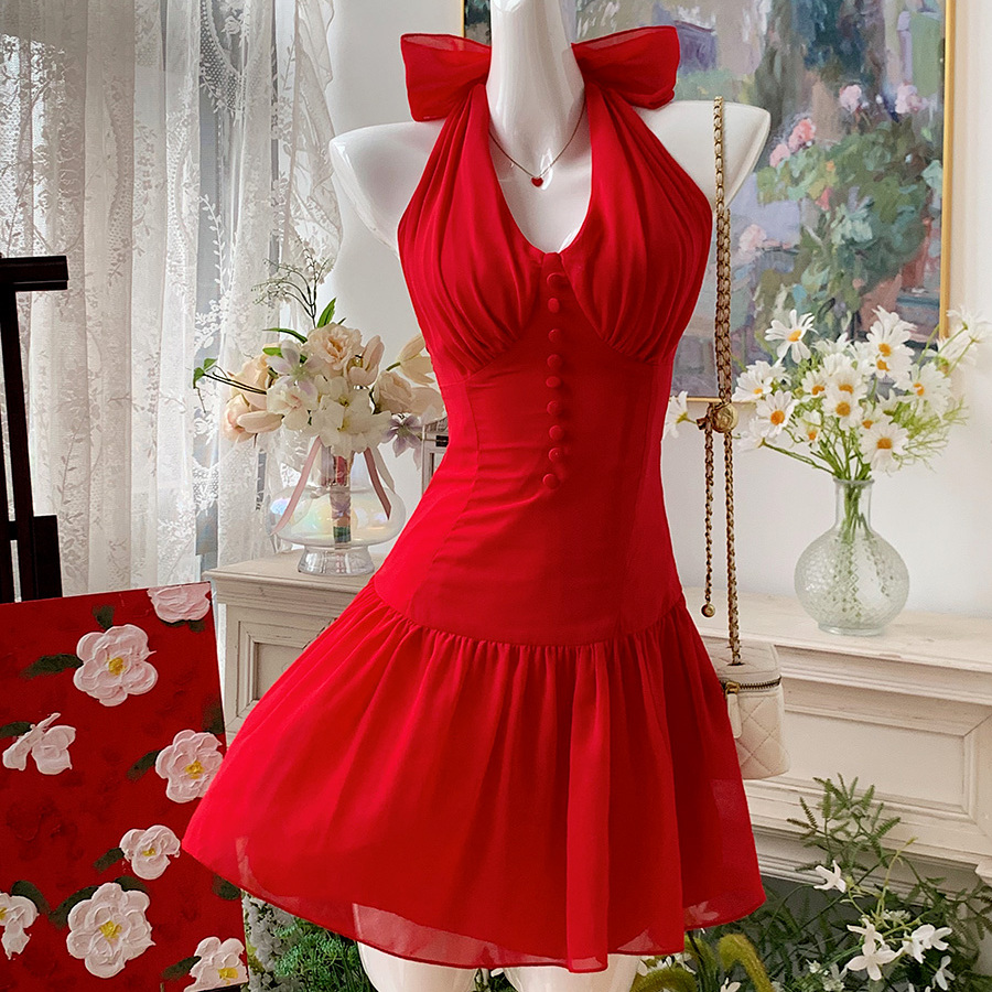 法式V领蝴蝶结挂脖连衣裙短裙