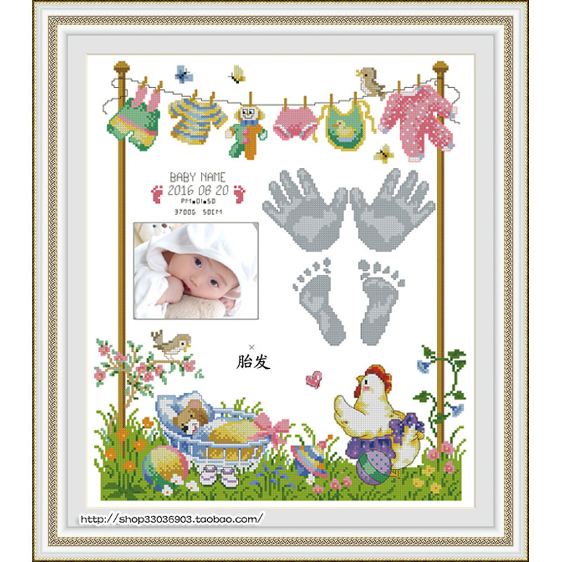 DMC十字绣纪念579鸡年宝宝出生证明手脚印婴儿用品cross stitch
