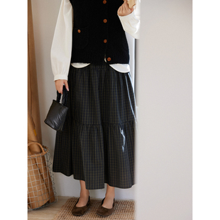 格子中长裙 小学院风冬季 内有里布 褶皱蛋糕裙 「MISAZ」三片式