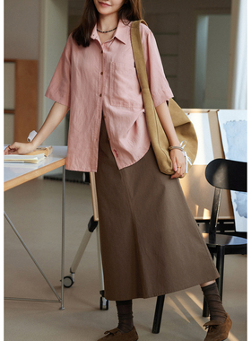 「MISAZ」‘effortless’小正肩 亚麻莱赛尔 撞色刺绣短袖衬衫