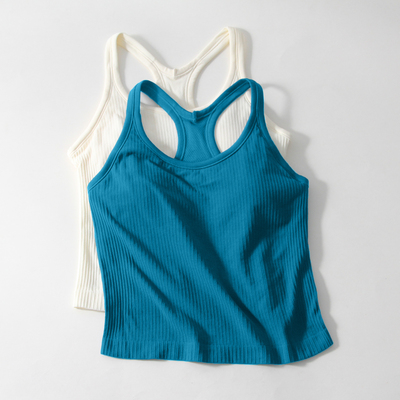 尼罗河蓝ebb高弹带胸垫瑜伽背心女大U领显瘦竖罗纹工字美背健身服