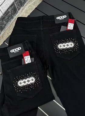 新款刺绣黑灰色牛仔裤男欧版修身显瘦弹力小脚春秋季九分裤长裤