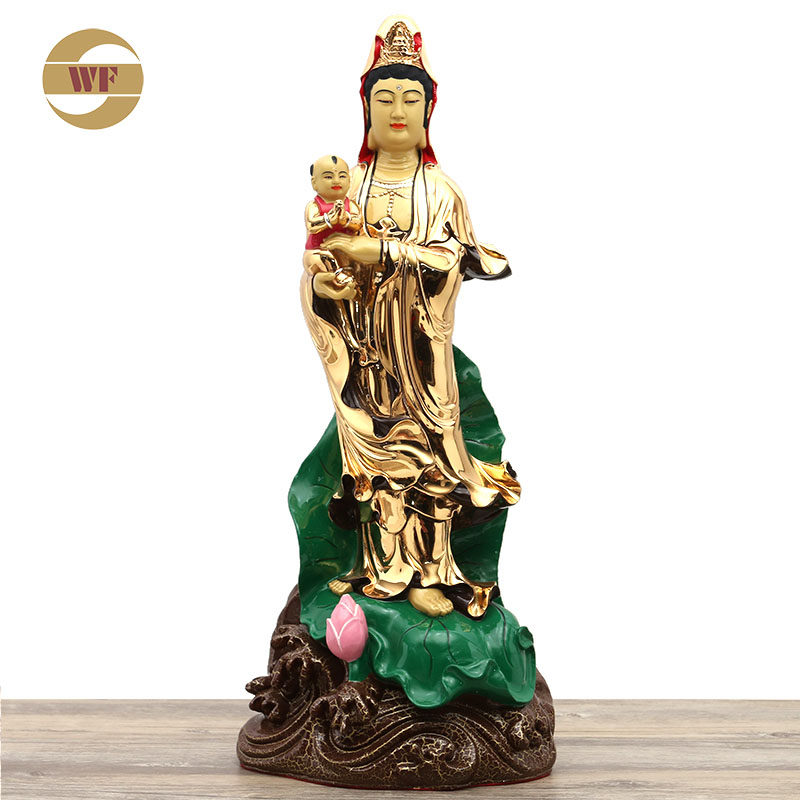 黄铜镀金送子观音佛像抱子观世音菩萨铜雕塑居家供奉铜像求子摆件