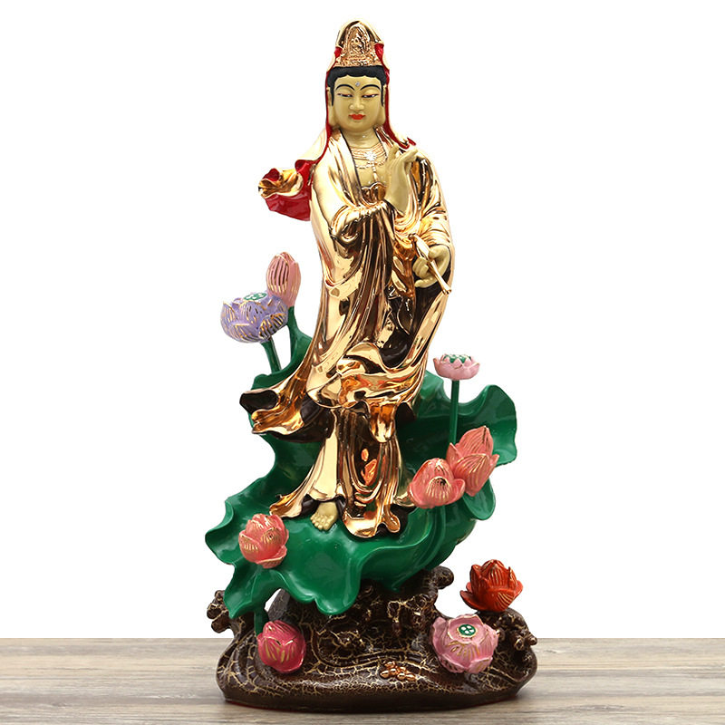 黄铜镀金观音佛像摆件站莲花送子观世音菩萨居家供奉九莲观音
