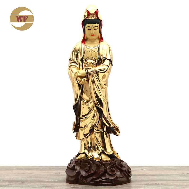 黄铜镀金观音佛像摆件铜彩送子六时观世音菩萨像居家供奉铜观音像