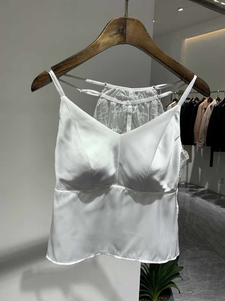 女士轻奢丝质吊带背心内搭带胸垫打底蕾丝遮背美背内衣