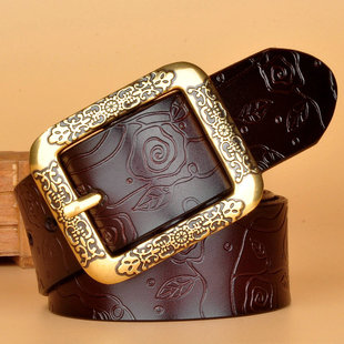 带女腰带时尚 复古压花休闲百搭真皮牛仔裤 牛皮裤 韩版 皮带女宽款