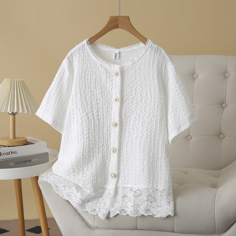 大码法式蕾丝花边拼接正肩短袖衬