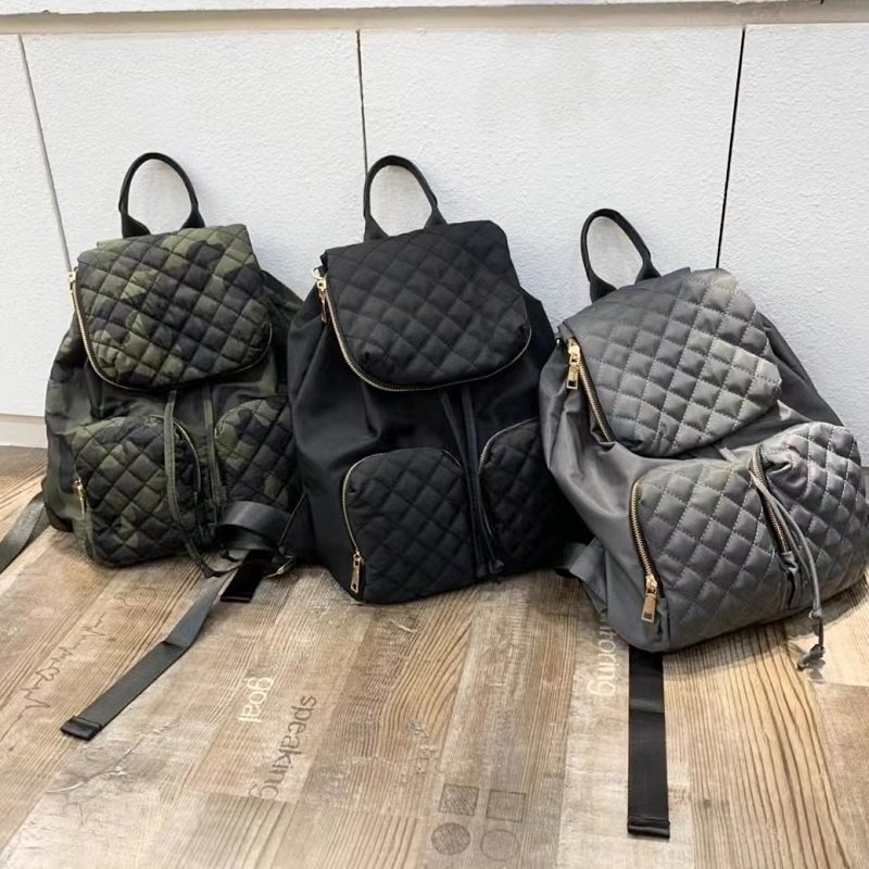 秋季新款大容量背包菱格抽绳休闲百搭尼龙布翻盖旅行外贸双肩包女