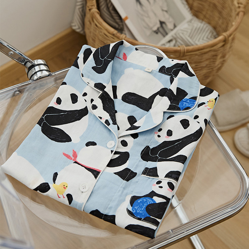 蓝底熊猫~纯棉双层纱布春秋长袖长裤薄款情侣睡衣套装女士家居服,女士内衣/男士内衣/家居服,睡衣/家居服套装,淘宝优惠券,粉丝福利购,淘宝优惠卷