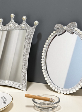 外贸出口欧式蝴蝶结珍珠皇冠水钻镜子7寸塑料摆台简约拍摄道具