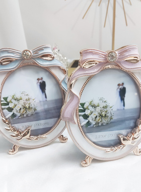 清仓日本原单4寸蝴蝶结蓝粉金属相框迷你摆台礼盒轻奢创意礼物