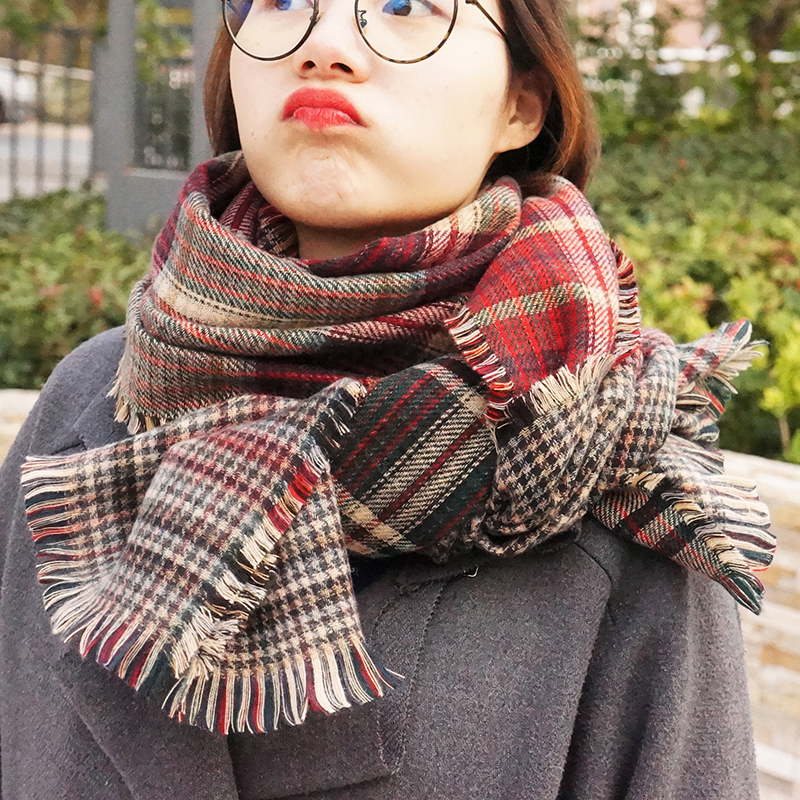 韩国新款两面千鸟格子厚围巾秋冬季保暖围脖披肩女士流苏仿羊绒毛