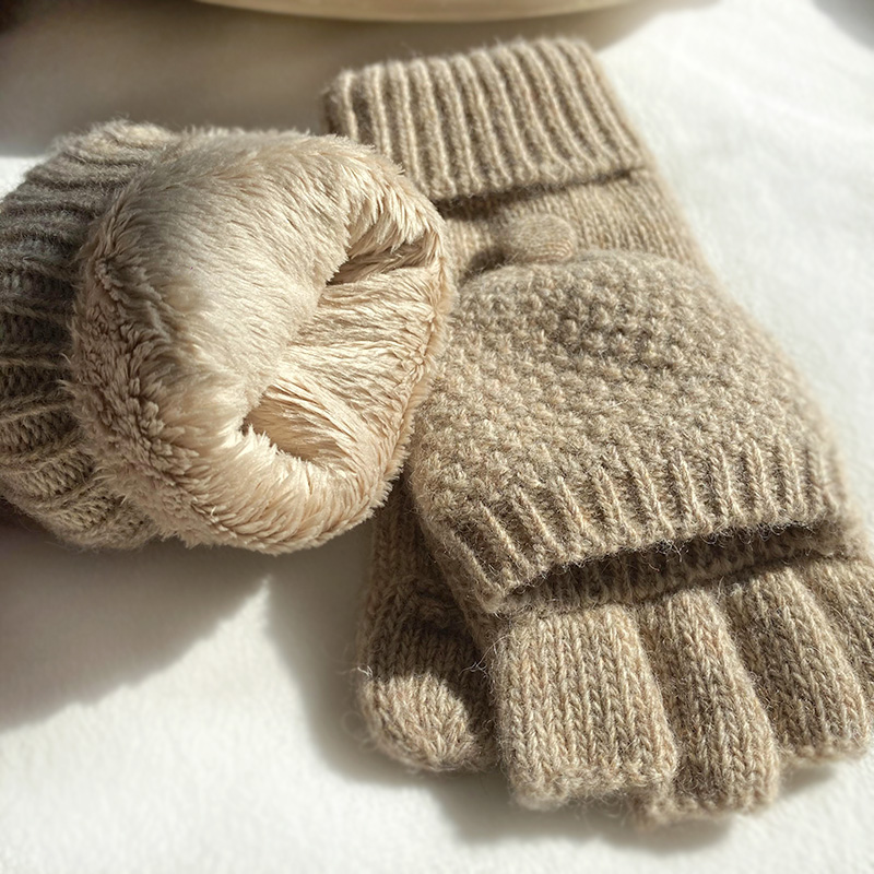 纯羊毛特厚加绒男女半指翻盖手套