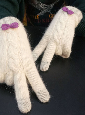 触屏手套女冬天兔毛加厚羊毛保暖可爱五指玩手机学生ins日系开车