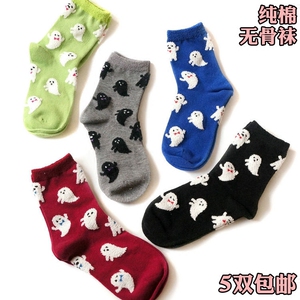 日本无脸男精梳棉女袜子纯棉手工无骨卡通可爱幽灵中筒柔软半边绒
