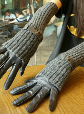 女冬羊皮手套加绒里真皮羊毛手臂套分指加长款保暖手袖假袖子无指