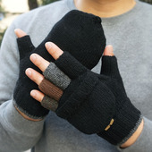 男冬季 羊毛保暖加厚半指手套加绒翻盖毛线学生写字开车触屏玩游戏