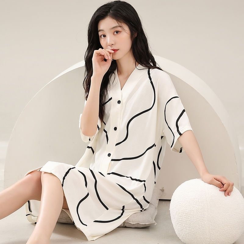 高级感100%纯棉睡裙女夏季带胸垫短袖宽松全棉睡衣女士夏天家居服