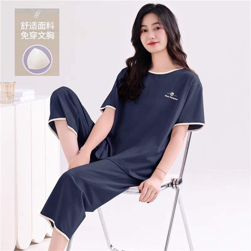 2025新款带胸垫睡衣女纯棉夏季短袖休闲可外穿全棉女士家居服套装