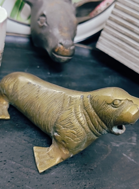 中古黄铜材质海狮海豹造型家居装饰摆件孤品