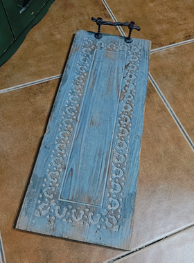 实木灰蓝色雕花铸铁把手大托盘茶盘孤品