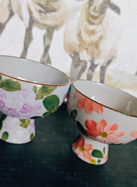 景德镇手绘紫色梦幻花朵橙色太阳花陶瓷高脚咖啡杯冰淇淋茶杯孤品