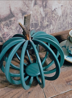 厚铁实心铁南瓜造型树杈装饰摆件蓝绿色孤品