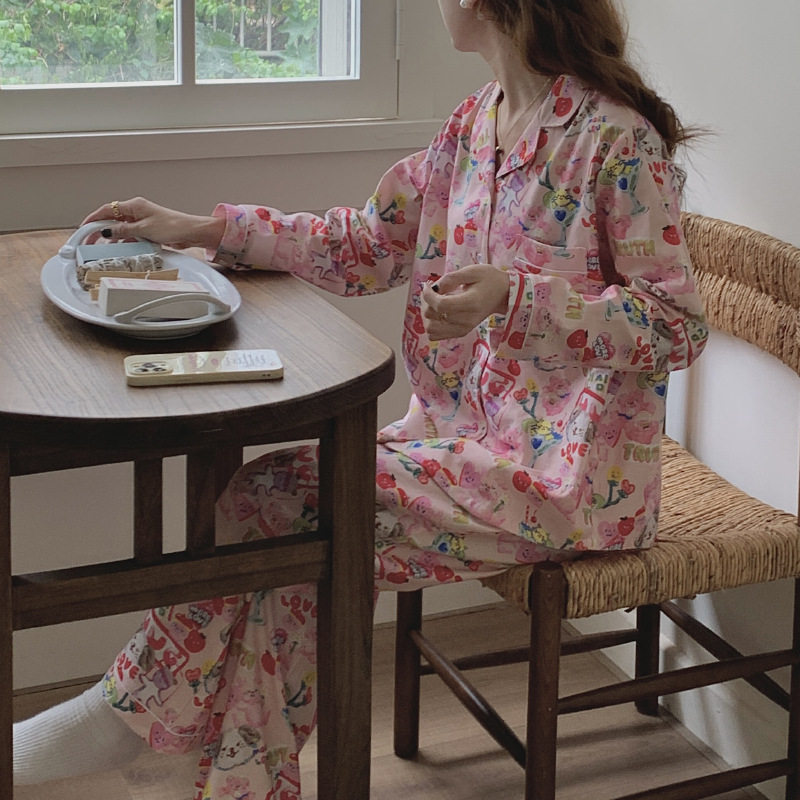 Metoo|奶油风~长袖长裤翻领睡衣女士秋冬斜纹棉可爱家居服宽松