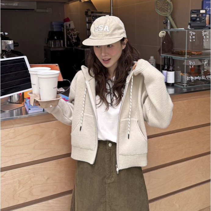 My girl秋季新款韩国代购休闲百搭流行舒适简单拉链连帽针织外套