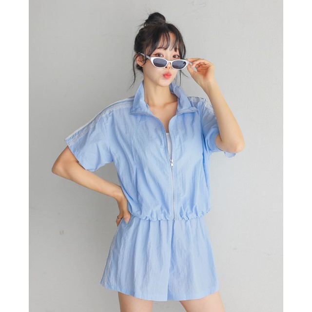 My girl夏季新款韩国代购流行时尚百搭简单显瘦拉链衬衫短裤套装