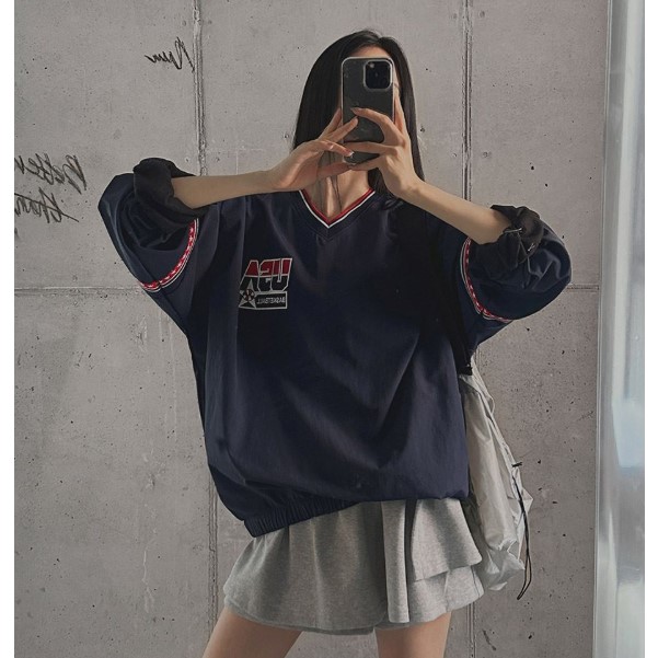 My girl秋季新款韩国代购休闲风百搭流行舒适简单显瘦V领套头卫衣