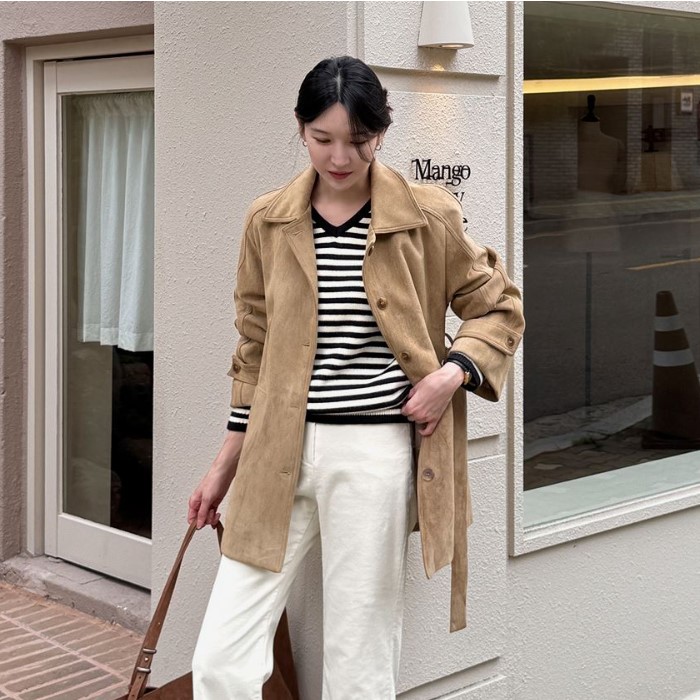 My girl秋季新款韩国代购休闲风百搭流行舒适简单中长款系带外套