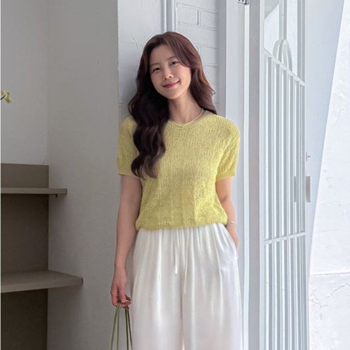 My girl夏季新款韩国代购可爱淑女气质百搭显瘦短袖套头针织衫