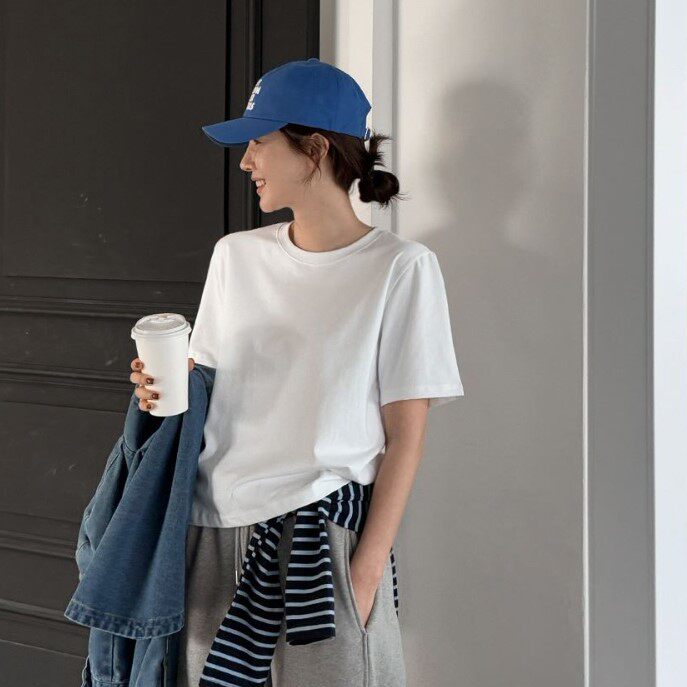 My girl春季新款韩国代购简约风纯色流行百搭时尚舒适显瘦短袖T恤