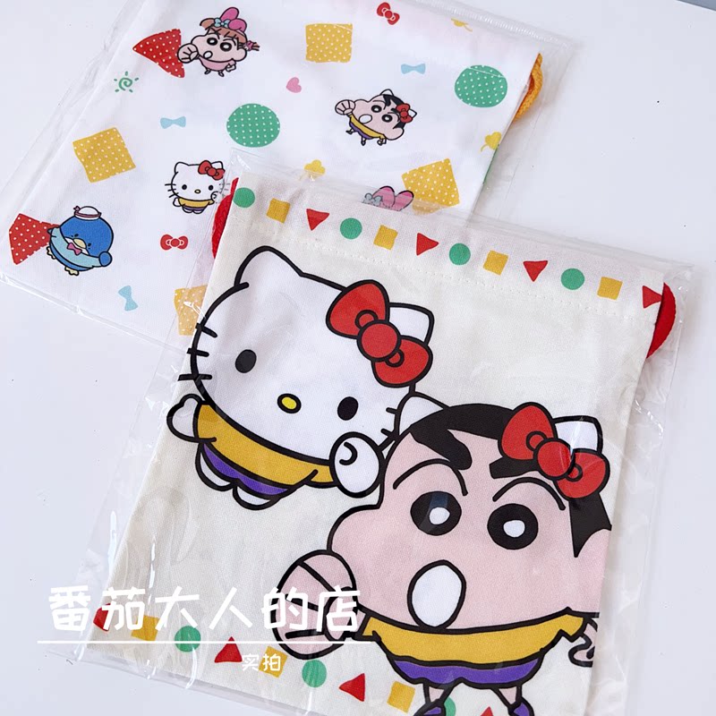 现货!日本制三丽鸥Kitty蜡笔小新合作款棉质束口袋杂货袋