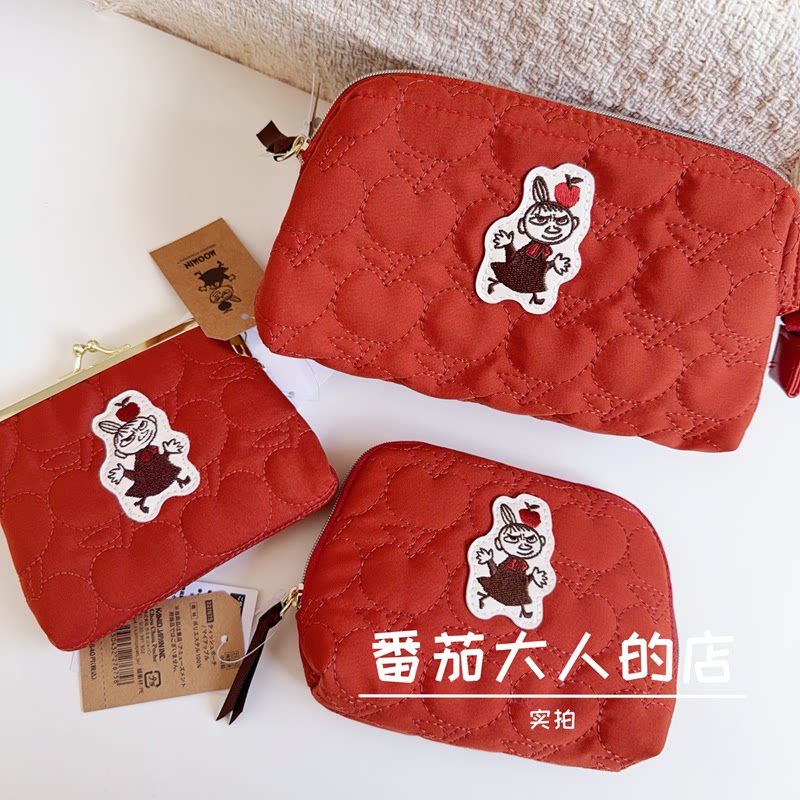 现货日本带回姆明亚美秋冬限定卡通红色绗缝化妆包可爱拉链收纳包
