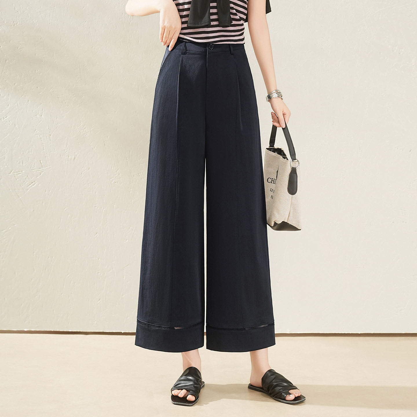 宾利酷堡女裤女时尚气质高腰九分阔腿裤女藏青色2026春夏薄款