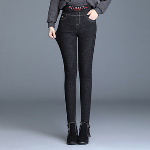 宾利酷堡女裤女时尚加绒加厚牛仔小脚裤女松紧高腰冬季新款羊羔绒